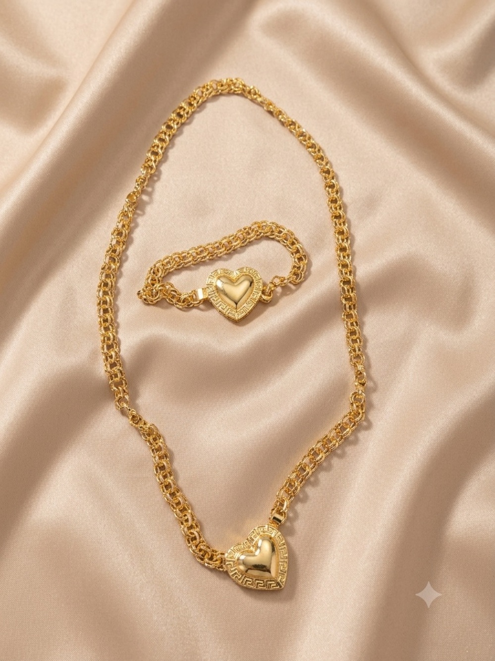 14K Gold plated 24” Heart Pendant Necklace and Bracelet Set